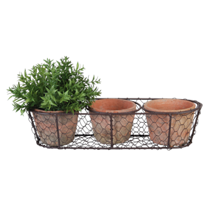 AGED TERRAOTTA 3 POTS IN WIRE BASKET