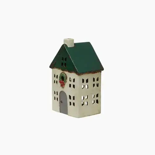 CHRITSMAS T/LIGHT HOUSE GREEN W WREATH SMALL
