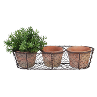AGED TERRAOTTA 3 POTS IN WIRE BASKET