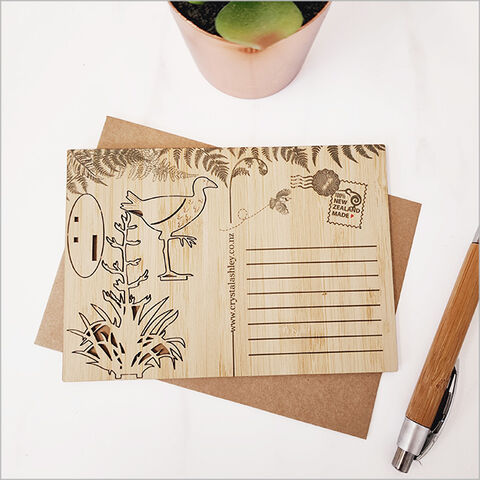 BAMBOO POSTCARD PUKEKO ON FLAX