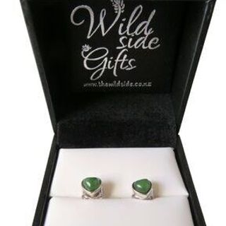 EARRINGS HEART STUDS NZ Greenstone & S/silver