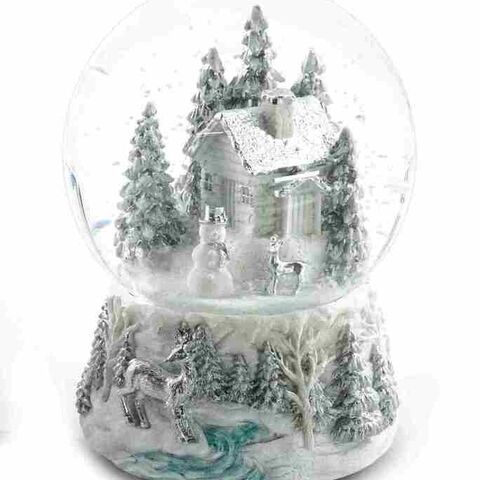 SNOWGLOBE SILVER WHITE COTTAGE MUSICAL 12cm